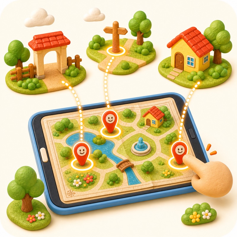 紙の地図上で3点以上を位置合わせするイラスト
