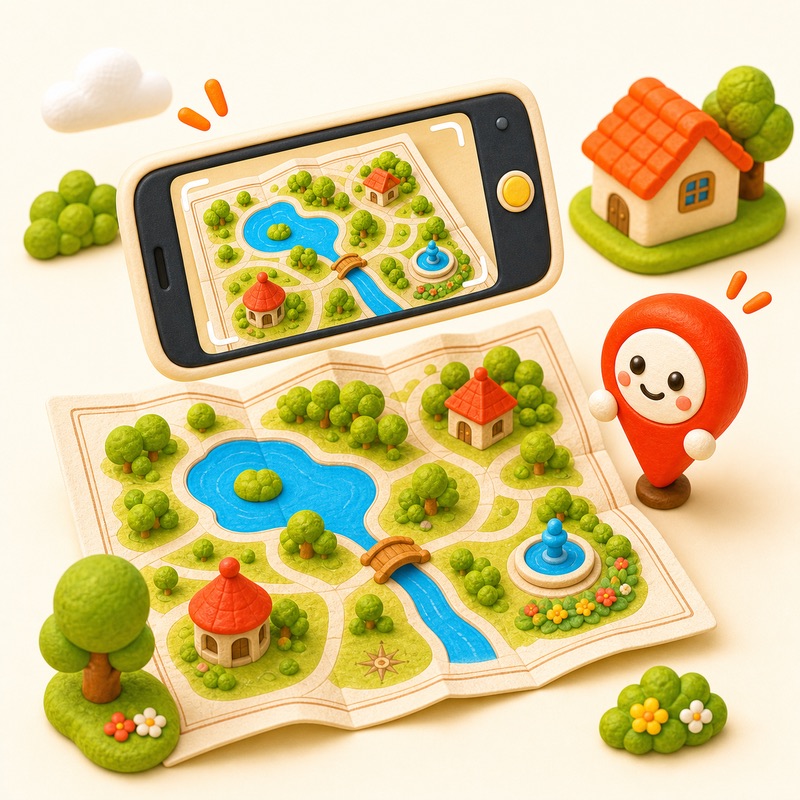 紙の地図をiPhoneで取り込むイラスト