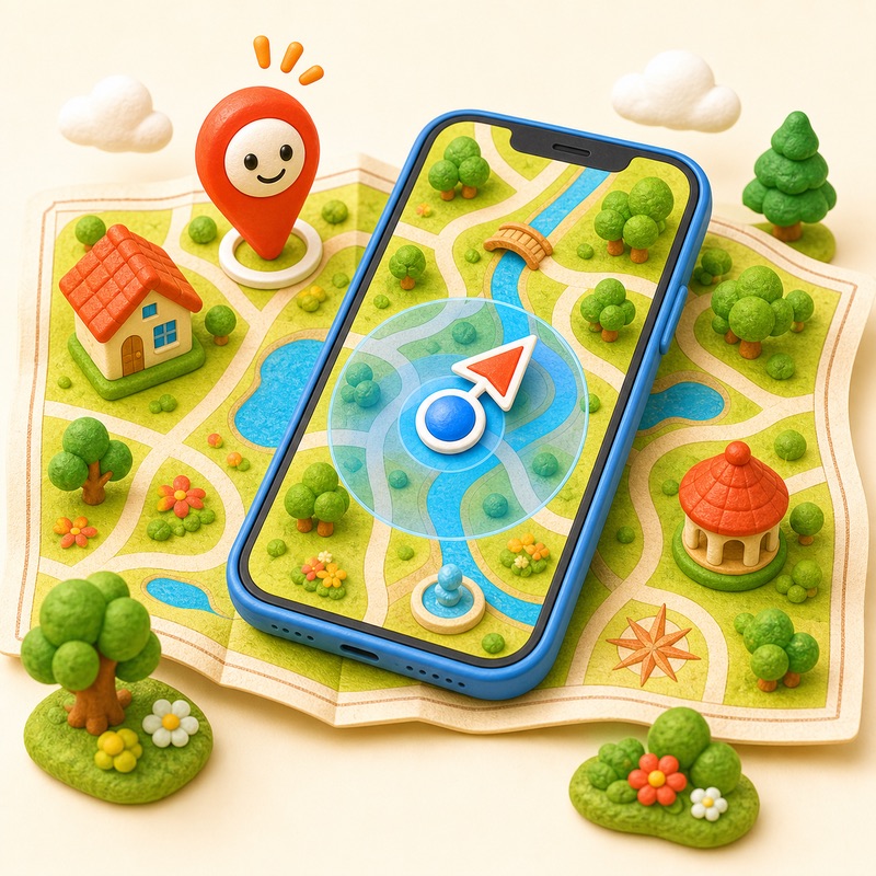紙の地図上に現在地と向きを表示するイラスト