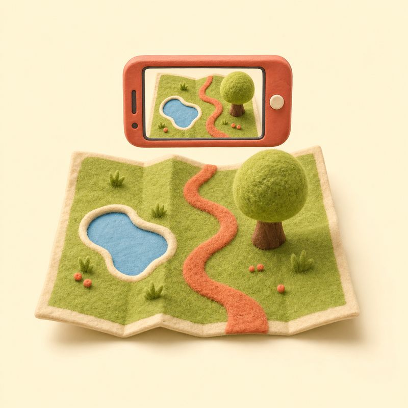 スマートフォンで紙の地図を撮影しているクレイアート