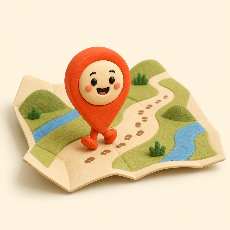 地図の小道を歩く現在地ピンのキャラクターのクレイアート